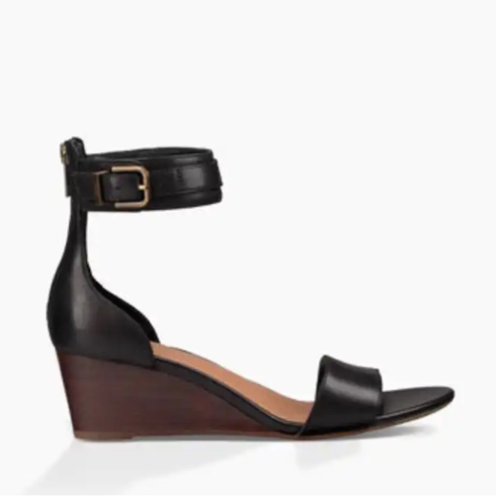 UGG Char Black Leather Wedge Sandal Women Sz 8 Wood Zip-up Open Toe Ankle Strap